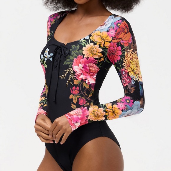 Johnny Was BACCARA TIE FRONT SURF ONE PIECE Swimsuit NWT black floral - S